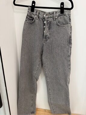 PAIGE Sawyer Gray High-Rise Wide Leg Button-Fly Jeans